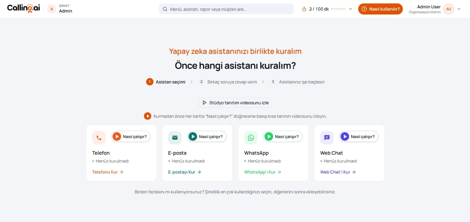 Choosing an assistant in the Calling AI panel: Phone, E-mail, WhatsApp and Web Chat